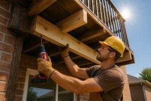 Construction worker installing wooden beams on a building.