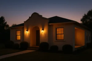 A cozy house lit warmly at dusk with glowing windows and entrance.