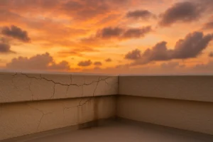 Sunset sky with orange clouds over a cracked concrete corner.