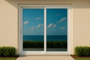 Window view of blue sky and ocean with greenery below.