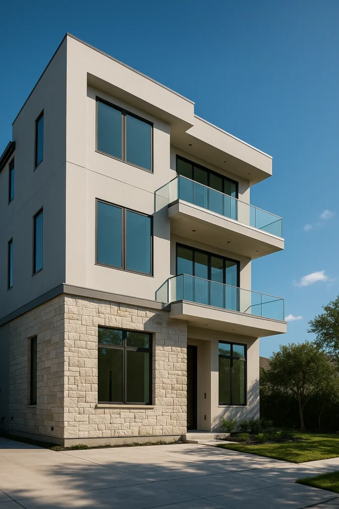 Modern three-story house with glass balconies.