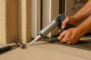 Applying sealant with a caulking gun on a window frame.