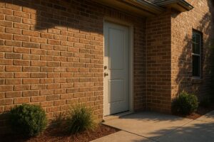 A white door set in a brick wall with surrounding plants and concrete walkway.