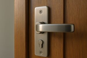 Close-up of a modern silver door handle on a wooden door.
