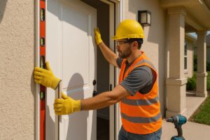 Construction worker measuring a door frame.