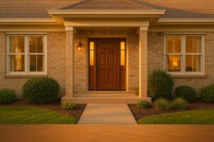 Warm evening light illuminates the inviting front entrance of a brick house with wooden door.