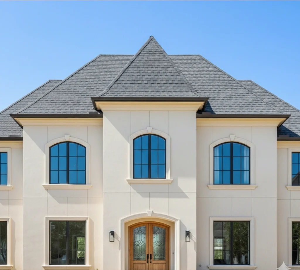 A grand two-story Mediterranean-style house with a cream facade.