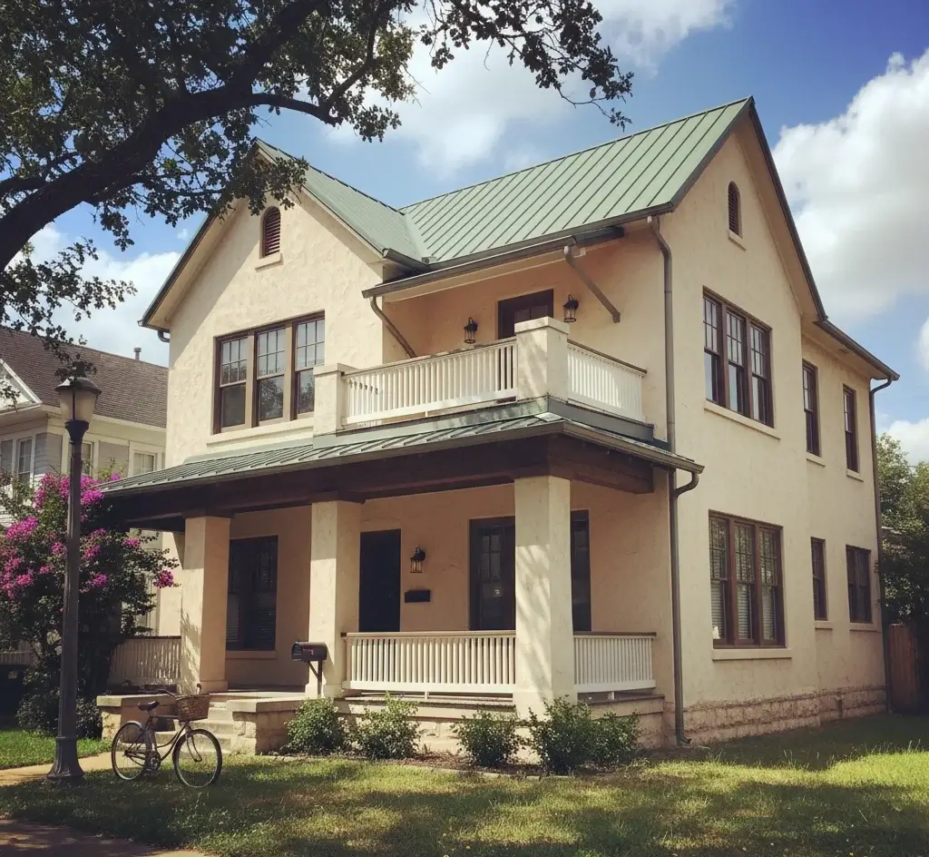 Two-story house with bike and trees.