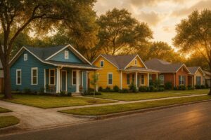 Colorful houses lined up on a quiet suburban street at sunset.