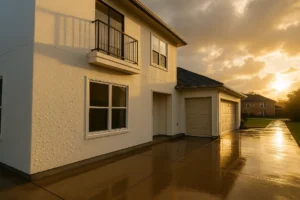 Modern house exterior at sunset with wet driveway reflecting light.