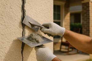 Worker applying cement to a cracked wall with trowel and gloves.