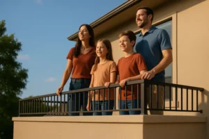 Family of four enjoying a sunny day on their balcony.