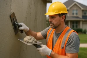 Construction worker applying cement on a wall.