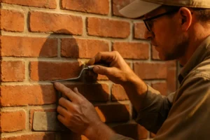 A man chiseling a brick wall indoors with focused precision.