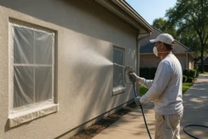 Person pressure washing the exterior wall of a house.