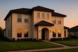Two-story house with warm sunset reflections on windows.