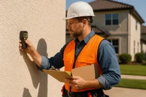 Construction inspector checks wall with thermal camera, holding clipboard.