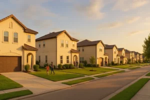 A peaceful suburban street with modern homes at sunset.