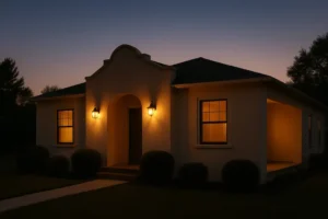 A warmly lit house at dusk with glowing windows and outdoor lights.