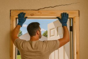 Man inspecting a crack above a door frame while wearing gloves.