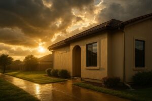 A house bathed in warm sunset light with a cloudy sky.