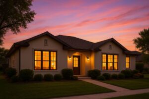 Cozy house glowing warmly at sunset with a colorful sky.