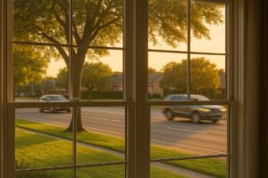 View of a suburban street through a window at sunset.