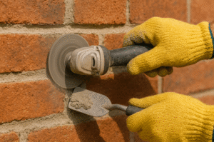 Person using a power tool to remove mortar from brick wall.
