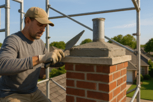A worker repairing a chimney with a trowel and gloves.
