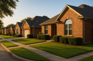 Row of suburban brick houses with well-kept lawns at sunset.