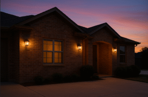 A cozy brick house illuminated by warm porch lights at dusk.