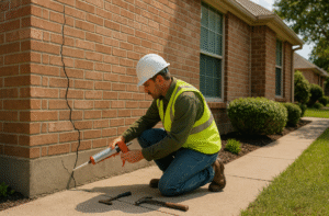 Worker in safety gear applying sealant to a concrete crack outside a building.