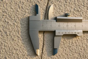 Close-up of a caliper measuring tool against a textured surface.
