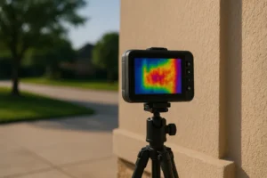 Thermal camera mounted on a tripod outdoors.