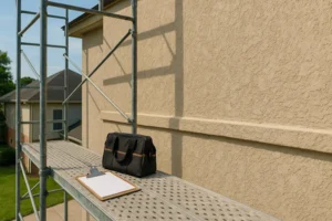 A black bag and clipboard on a metal bench outdoors against a beige wall.