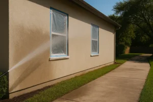 House windows covered with plastic sheeting for protection.