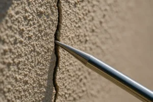 A close-up of a tool inspecting a crack in a textured wall.