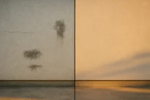 A minimalist scene with a concrete wall and reflective water surface.