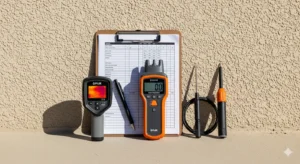 Thermal and moisture meters with clipboard and probes on a textured surface.