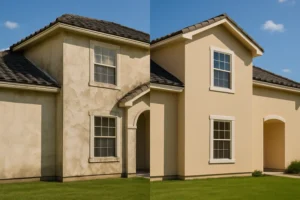 Side-by-side comparison of a house before and after exterior renovation.