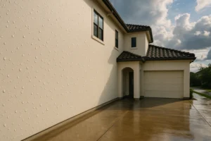 Exterior wall with rain droplets and wet ground after rainfall.