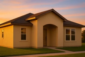 A single-story house with a warm yellow exterior at sunset.