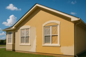 Yellow house with unevenly painted windows and door frames.