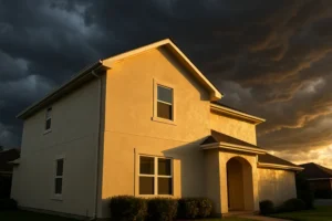 A yellow house at dusk with dark clouds overhead.
