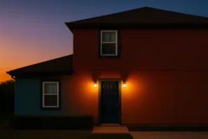 House exterior at dusk with illuminated porch lights.