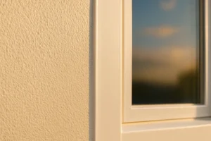 Close-up of a window frame with beige textured wall.