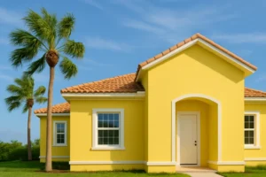Bright yellow house with a tiled roof under a clear blue sky.
