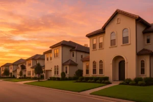 Row of suburban houses at sunset with a colorful sky.