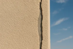 Close-up of a large vertical crack on a beige stucco wall under blue sky.