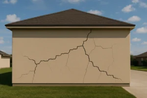 Large cracks visible on the exterior wall of a building.